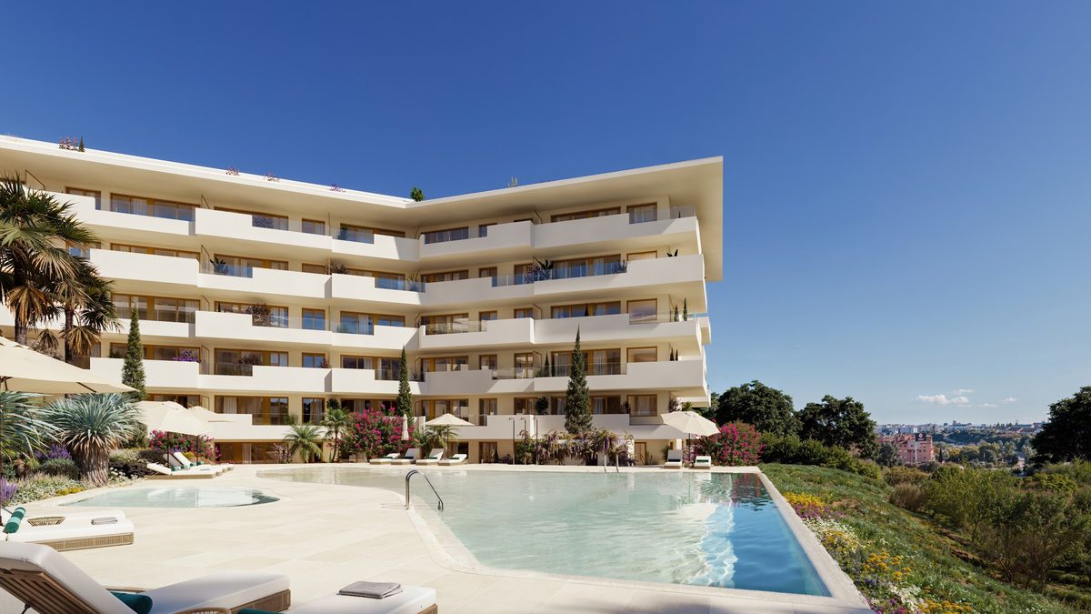The communal pool and one wing of the building (render)