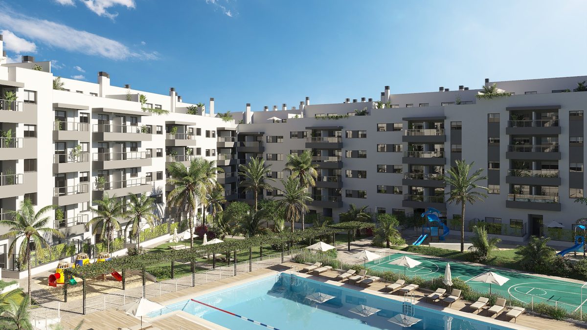 The communal pool, sports court and gardens between the blocks (render)
