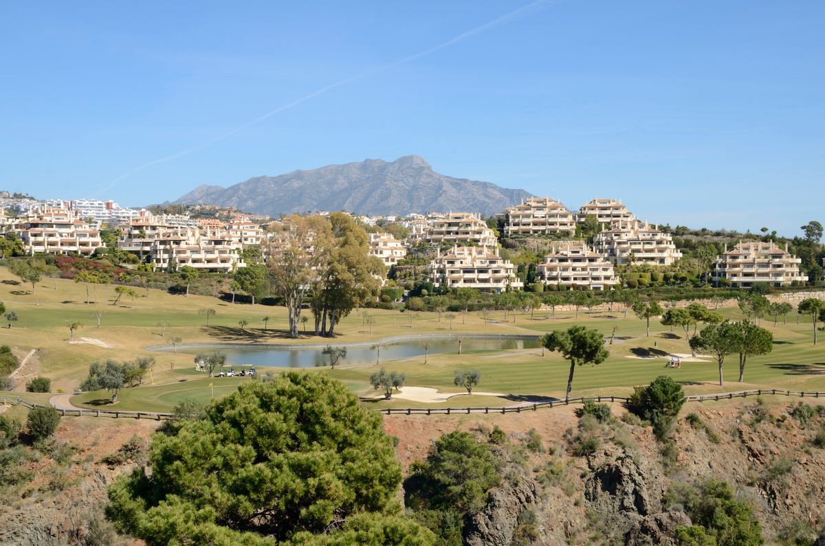 Golf and apartments in the valley, with La Concha behind