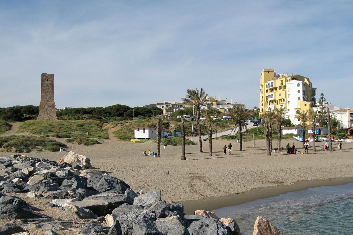 The Torre de los Ladrones above the beach and palms at Cabopino