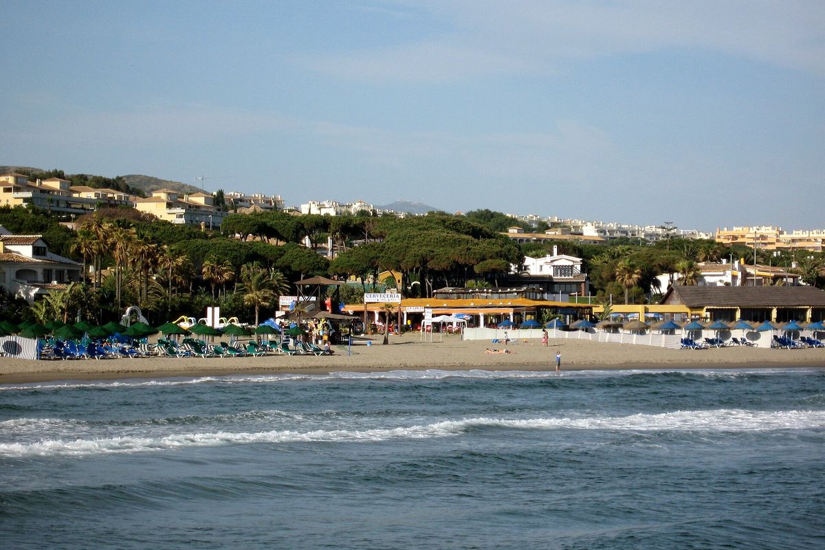 The beach at Cabopino, with pine trees and houses behind