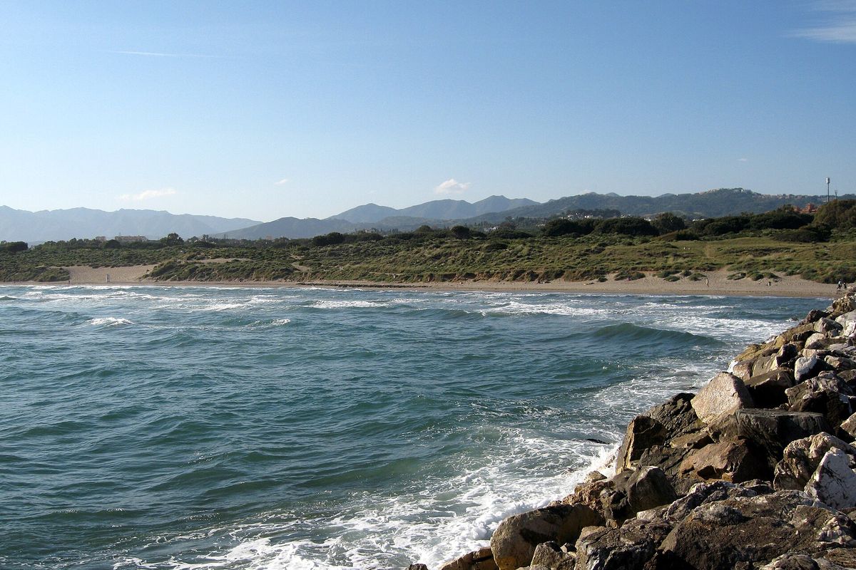 The coast west of Cabopino, with the mountains behind